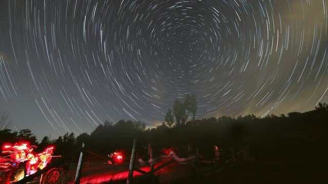 Time lapse star trails with unrecognizable people observe starry sky and operate their astronomical gears with vision protection red lights in Glen Major Forest at night. Clouds emerge at the end