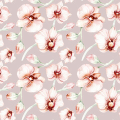 Watercolor Orchid seamless patterns. Tropical pastel gold rose and beige illustration . Trendy fabric illustration. Exotic blossom flower scrapbooking paper. Summer tropical bloom. Trendy fabric