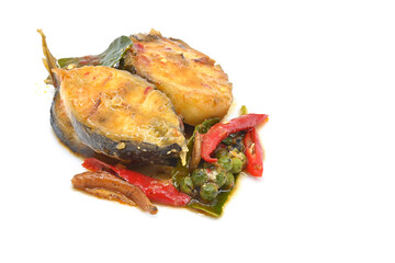spicy Stir fried  catfish with chili and pepper on white background closeup