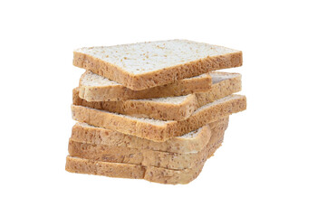 aquare pieces of whole wheat bread  piled together  on white background closeup