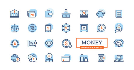 Money modern linear icons for website. Vector symbol of handshake, deal, dollar, diagram.
