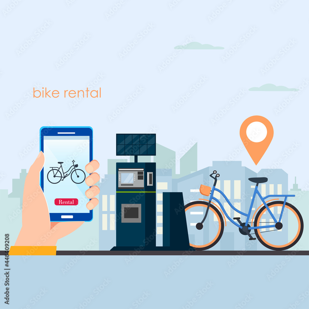 Poster bicycle sharing system with use smartphone for rent and paid. smart service for rent bicycles in the