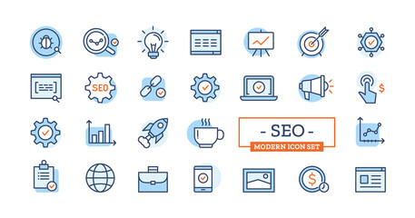 Search engine optimization icons. Vector modern signs design with symbol of SEO analysis, settings, ranking, statistics for website.