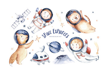 Astronaut baby boy girl elephant, fox cat and bunny, space suit, cosmonaut stars, planet, moon, rocket and shuttle isolated watercolor space ship illustration 