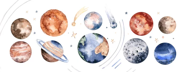 Foto op Plexiglas Planets of the Solar System watercolour poster set. Watercolor planet Sun, Moon and Mercury, Venus and Earth, Mars and Jupiter, Saturn, Uranus and Neptune. universe space. Galaxy art © kris_art