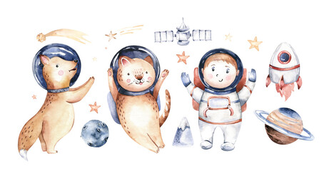 Astronaut baby boy girl elephant, fox cat and bunny, space suit, cosmonaut stars, planet, moon, rocket and shuttle isolated watercolor space ship illustration on white background, 