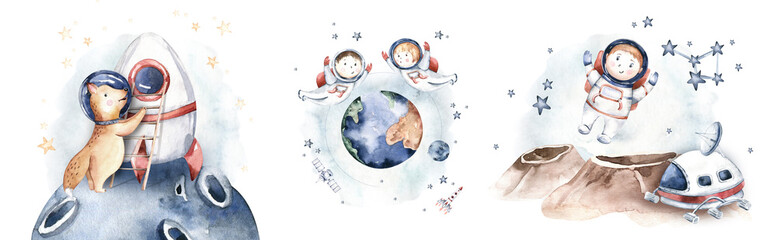 Astronaut baby boy girl elephant, fox cat and bunny, space suit, cosmonaut stars, planet, moon, rocket and shuttle isolated watercoloSpaceman cartoon kid 