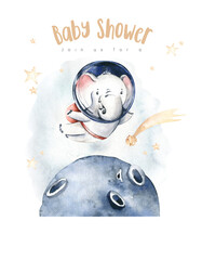 Astronaut baby boy girl elephant, fox cat and bunny, space suit, baby shower invitation cosmonaut stars, planet, moon, rocket  watercolor space ship illustration