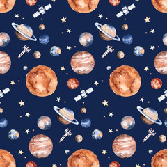 Nahtloses Muster des Astronauten. Universum Kinder Baby Junge Mädchen Elefant, Fuchs Katze und Hase, Raumanzug, Kosmonautensterne, Planet, Mond, Rakete und Shuttle Aquarell Raumschiff Hintergrund © kris_art