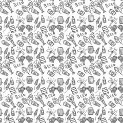 Fototapeta premium Seamless doodle pattern with beer, lobsters and sausages. vector black and white illustration with beer theme icons