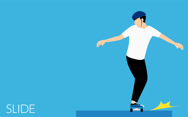 Fototapeta na wymiar スケートボード（スケボー）のスライド系トリック、縁石を滑走する男性