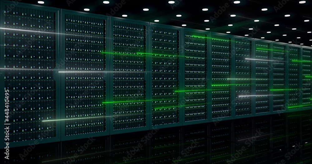 Poster powerful servers sit behind glass panels in a server room of a data center or isp as the camera move