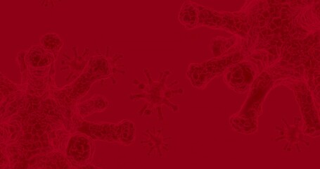 Red background 3d simulation of corona virus. Artistic rendering of electron microscope visualization.