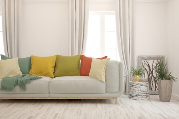 White living room with sofa. Scandinavian interior design. 3D illustration