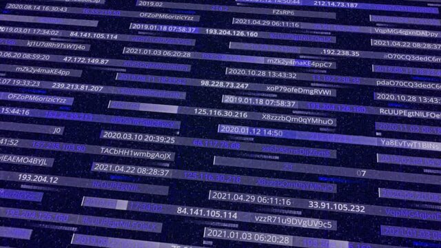 Purple moving stripes as the visualization of data transfer, technological background. Animation. Different changing coordinates and symbols, seamless loop.