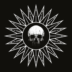 vector illustration of a sun with human skull on black background. Design for t-shirts or posters,