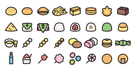 Japanese Desserts and Sweets Icon Set (Bold outline Color version)