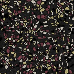 Seamless terrazzo pattern for surface design and print. High quality confetti illustration. Trendy rock and mineral composite mosaic composition in repeat. Textile print in dark and black colors.