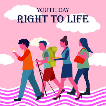 Team of boys and girls walk on the road and celebrate youth day. Give message right to life.