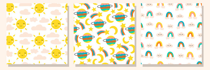 Naklejka premium Baby sky seamless pattern set. Backgrounds with planets, rainbows, stars and clouds in nordic style and bright colors