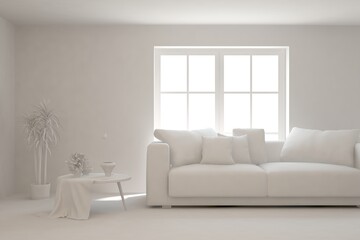 White minimalist living room with sofa. Scandinavian interior design. 3D illustration