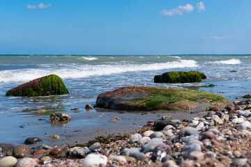 Stones covered with algae on the sandy beach of the Baltic Sea (inland sea) in bright sunshine and small waves