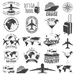 Set of travel badge, logo with design element. Travel inspiration quotes with globe, airplane, suitcase and cocktail silhouette Vector illustration. Motivation for traveling poster typography. © sivvector