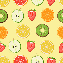 seamless pattern fruit, lemon, orange, apple, kiwi, strawberry, food. Vector.