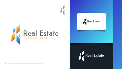 Abstract and Futuristic Real Estate Logo Design in Blue and Gold. Construction, Architecture or Building Logo Design