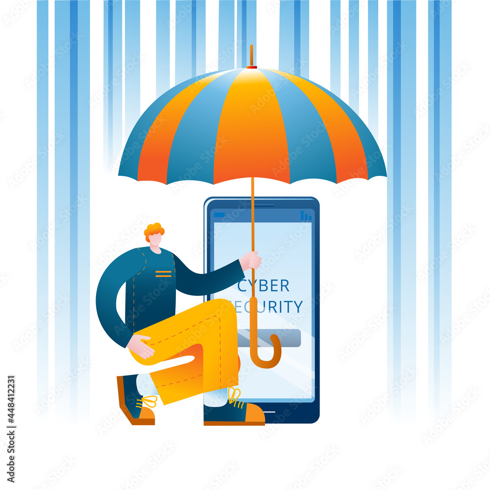 Poster a man with an umbrella protects her mobile phone from hacker attacks. the concept of a vector illust