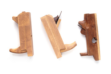 Wooden plane tool for carpenter or joiner isolated on white background. Woodworking tools