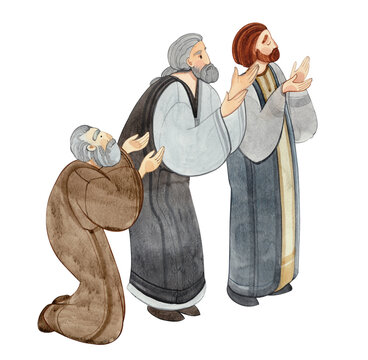 Watercolor hand drawn illustration of praying people, apostles in prayer, thanksgiving to the Lord. For the Christian publications, the design of banners, cards, sites
