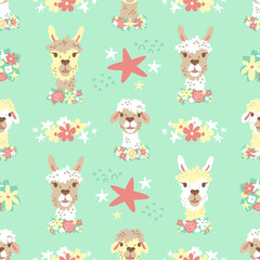 Llama. Seamless vector pattern with llamas faces and flowers. Cartoon kid's illustration