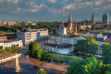 Aerial view of main street of Lodz. Central street of Lodz Piotrkowska in the morning. - obrazy, fototapety, plakaty