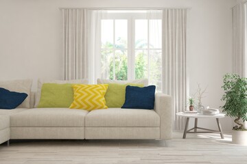 Minimalist living room in white color with sofa and summer landscape in window. Scandinavian interior design. 3D illustration