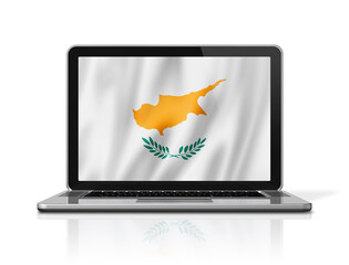 Cyprus flag on laptop screen isolated on white. 3D illustration