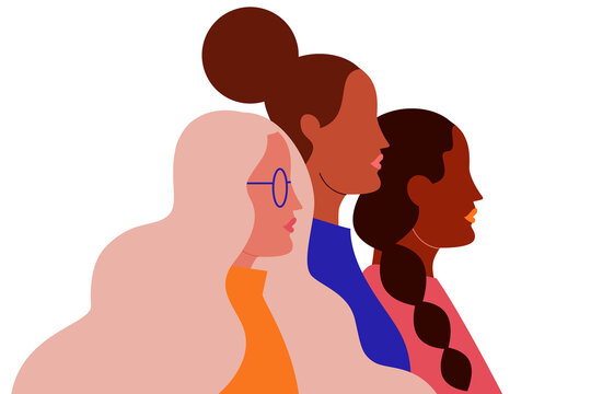 Colorful illustration of three women standing side by side. Concept on diversity and sisterhood. Portrait of multiracial female friends. Diverse girlfriends together. 