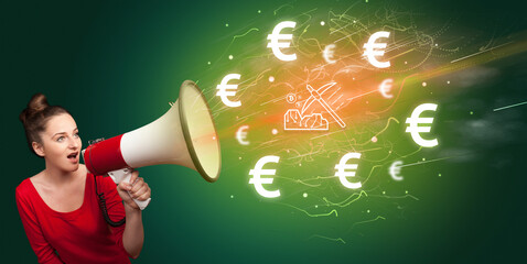 Young person with megaphone and currency icon