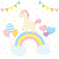 Cute magical unicorn on rainbow with clouds and balloons