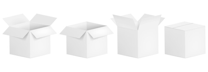 Set of open and closed boxes. White cardboard box. Vector illustration.