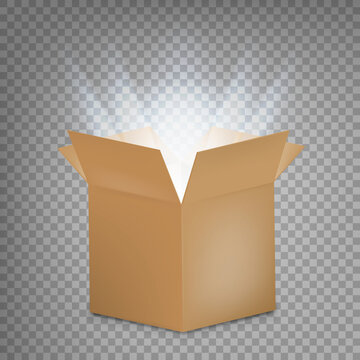 Open cardboard box with a glow inside. Open box with the outgoing light. Vector illustration.