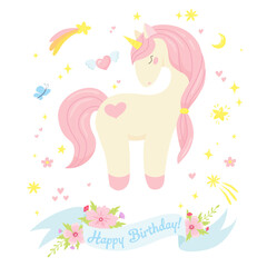 Birthday card with cute unicorn and magic elements