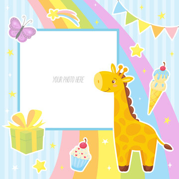 Baby photo frame with cute giraffe, butterfly, gift, rainbow and other elements
