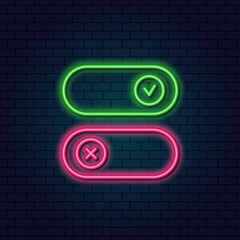 Neon Toggle Switch On and Off. Switch buttons. Modern devices ui template. Vector graphic design. Glowing neon sign on a dark background.