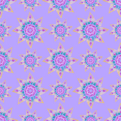 Fototapeta na wymiar Mandala flower seamless pattern in purple shades, elegant fashionable boho style pattern