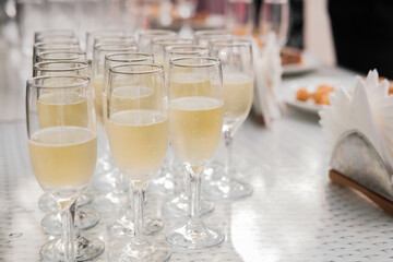 Elegant champagne glasses, standing in a row on the serving table during a party or celebration.