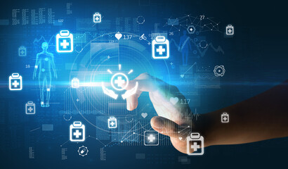 Doctor hand pressing futuristic health device with medical symbol on screen