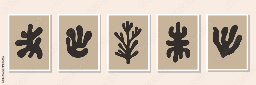 Poster abstract set of minimal posters with black organic geometric shapes. contemporary botanical vector p