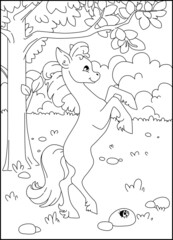 Coloring book with a little pony. Coloring book for children. Horse on the background of the garden.