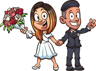Cartoon bride and groom holding a flower bouquet. Vector clip art illustration with simple gradients. All on a single layer. 
